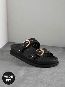 SHUZIA Women's Wide-Fit Replica Superior Comfort Buckled Double Strap Slip-On Flat Sandals - Black - View 7