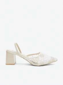 Eladyva New Chinese Style White High Heel Mules, Pointed Toe Lace Embroidery Convertible Sandals For Women,Summer Outfits - Beige - View 9