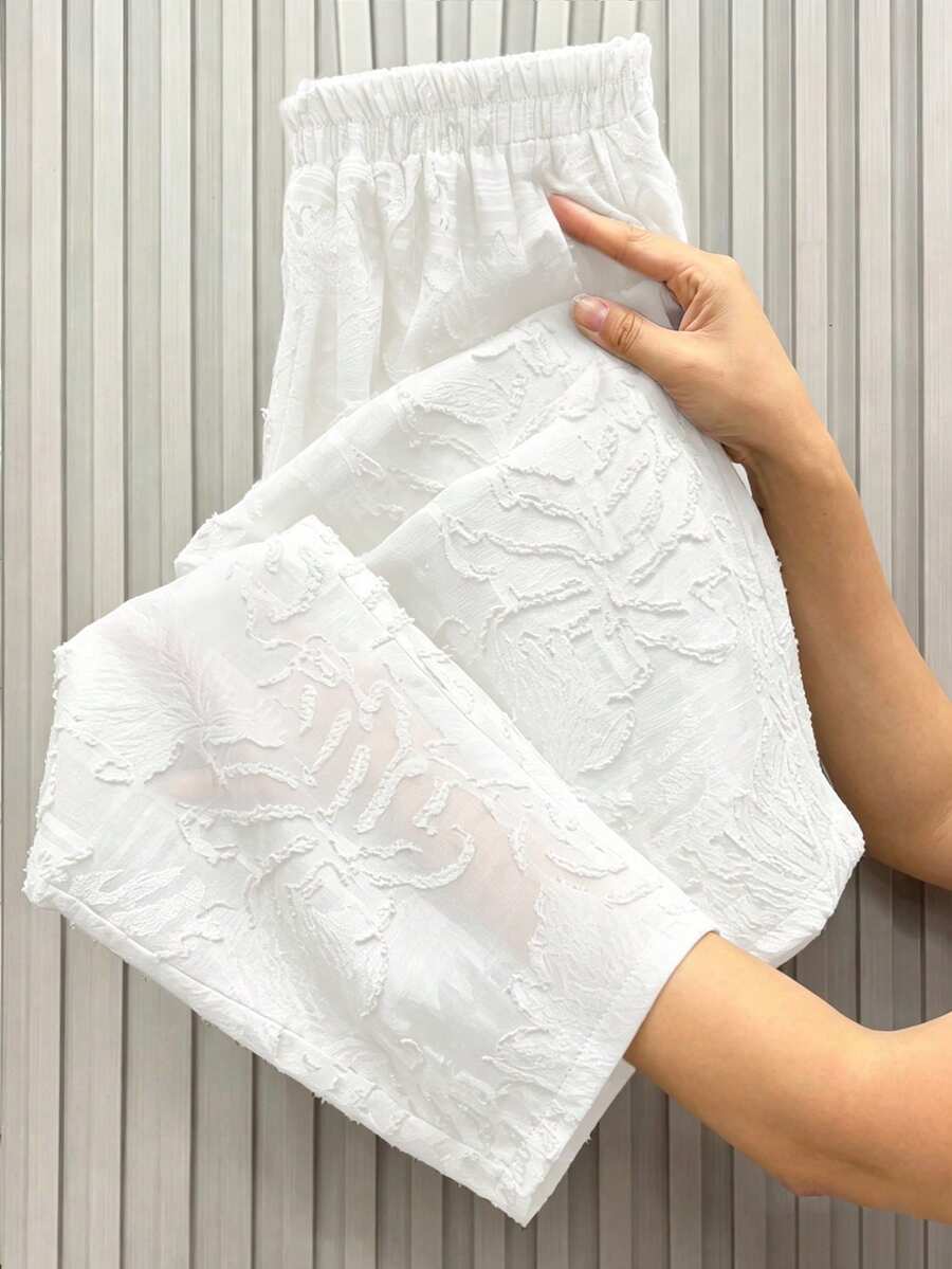 GlowEve CURVE Plus Size Women's Spring/Summer Sheer Jacquard Elastic Waist Loose Straight Leg Pants, Versatile For Commuting, Business, Shopping Vacation White - White - View 1