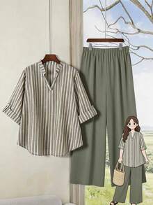 Lacomfia Women's Multicolor Striped Shirt & Wide Leg Pants Set, Casual Comfortable Minimalist Plus Size Fall - Multicolor - View 1