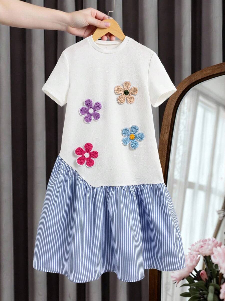 1pc Tween Girls' Summer Casual Striped Patchwork 3D Floral Decor Dress
