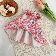 PETSIN Summer Floral Pet Dress With D-Ring, Adjustable Open Chest Pink & Blue Flower Ruffled Dog Clothes, Princess Dress For Teddy, Bichon, Pomeranian, Cats For Outdoor Walks - Pink - View 5