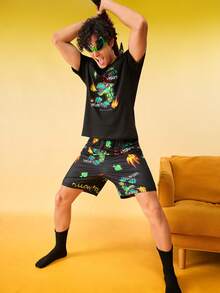 Notgurli Set pigiama uomo con pantaloncini e maglietta a maniche corte con stampa, collo rotondo - Multicolore - Visualizzare 4