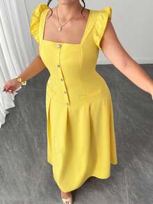 Elenzga Plus Size Women's Yellow Elegant Square Neck Puff Sleeve Pearl Button Ruched A-Line Maxi Dress,Summer Wedding Formal Formal Guest Gown - Yellow - View 5