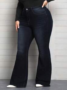SHEIN CURVE+ جينز واسع مريح للنساء ذوات الأحجام الكبيرة، مزود بجيوب وأزرار، قابل للارتداء في المناسبات اليومية المتنوعة - أزرق بحري - مشاهدة 4