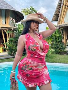 Swim Vcay Plus Size Floral Print Backless Halter Neck Cover Up Beach Vacation Pink Summer - Red - View 5