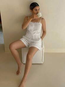 DAZY 2pcs Lace Patchwork Camisole & Loose Straight Shorts Pajama Set, Women Summer Sleepwear - White - View 10