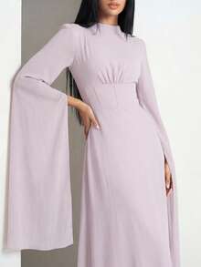 Veilorie Women's Solid Color Stand Collar Extra Long Sleeve Pleated Waist Elegant Dress Orchid Dress Party Dress - Pink - View 6