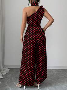 GlowEve CURVE Plus Size Women's Elegant Black & White Polka Dot Asymmetric Neck Jumpsuit, Suitable For Commuting, Spring/Summer - Multicolor - View 2