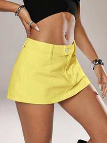 SHEIN ICON 女士休闲纯色低腰牛仔迷你裙，夏季 - 黃色 - 查看 4