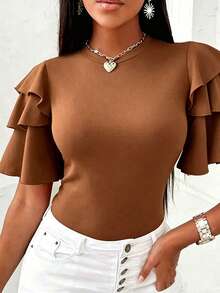 EMERY ROSE Women's Simple Solid Color Ruffle Collar Tight Fit T-Shirt, Summer - Rust Brown - View 5