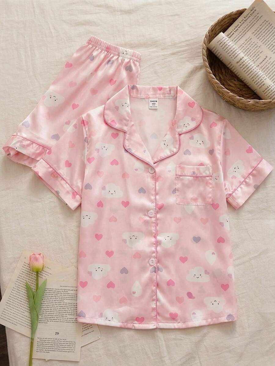 2件組女童淺粉色夏季可愛圖案居家睡衣,青少年女孩雲朵與愛心印花絲滑仿絲緞面鈕扣式家居服套裝 - 粉色 - 查看 1