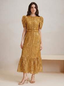 Anewsta Women's Elegant Lace Patchwork Beaded Embroidered Round Neck Short Sleeve Dress - Ginger - View 5