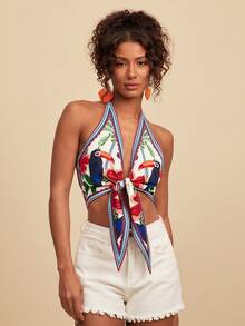 Travachic Women's Halter Neck Cropped Printed Woven Top, Suitable For Spring/Summer Vacation - Multicolor - View 4