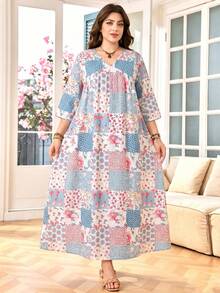 Lacomfia Plus Size Short Sleeve A-Line Casual Western Cottage Core Boho Printed Dress For Women Autumn Blue And White Brunch Vacation Bussines - Multicolor - View 4