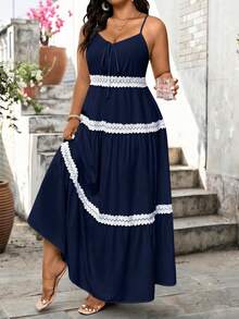 Tall Vestido sin mangas con cuello en V para mujer talla grande, versátil y de moda con ribete de encaje, de alta calidad y estilizador, adecuado para primavera/verano, uso casual y vacaciones - Azul 2 - Ver 4