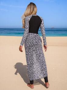 Swim Shayni Damen 3 Stücke Burkini Set, mit Leoparden-Muster, Reißverschluss-Langarmoberteil, langem Überwurfkleid und langer Hose, geeignet für Frühling/Sommer Strand, Kreuzfahrt, Urlaub - Schwarz - Übersicht 3