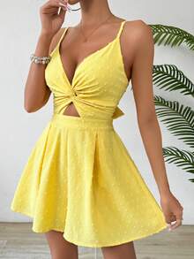 Breezaya Mono casual hueco con frente anudado y unicolor para mujer, con cintura recortada y tirantes ajustables tipo espagueti, para vacaciones - Amarillo - Ver 5