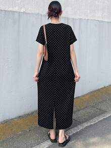 FRIFUL 女士金属拉链休闲纯色宽松夏季短袖连衣裙，适合度假和毕业典礼穿着 - 黑色 - 查看 2