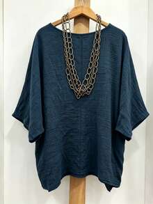 Linhara Plus-Size Women Summer Navy Blue Smart Casual Pullover Relaxed Loose Fit Breathable Cotton-Linen Blend Round-Neck Top Vacation Brunch - Navy Blue - View 2