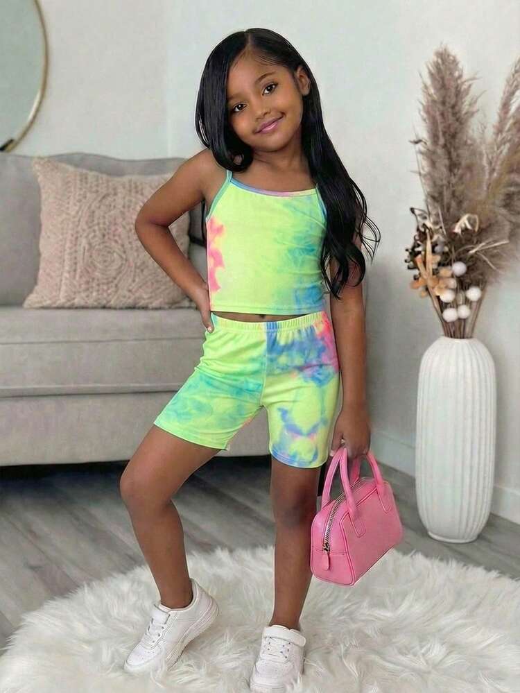 SHEIN Conjunto informal de top de camisola de punto y pantalones cortos de pierna recta para niña - Verde - Añade 1