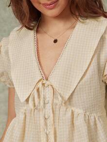 WESTFADE Plaid Collared V-Neck Bow Tie Front Short Puff Sleeve, Festival, Women's Country Clothing - Khaki - View 3