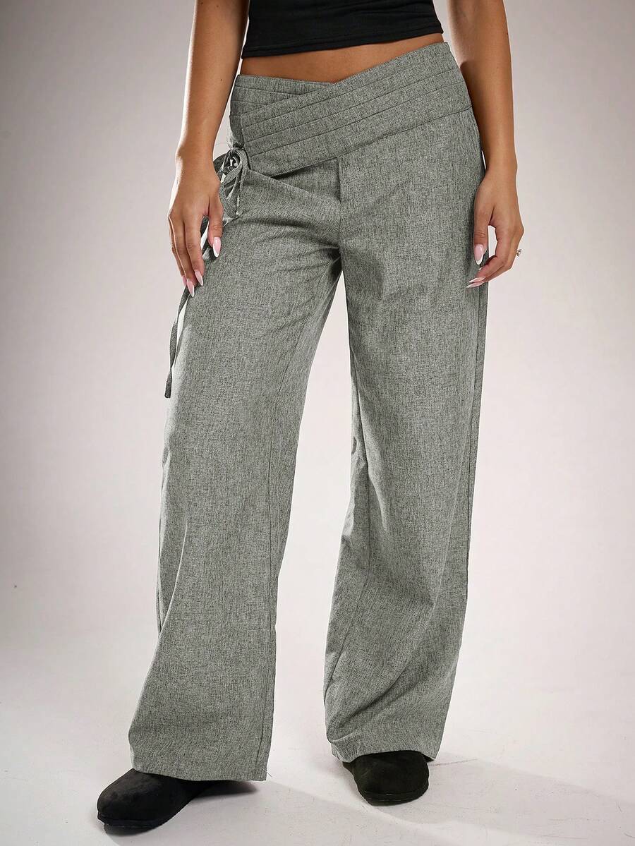 Avantive Women's Casual Belted Wide Leg Pants For Commuting Holiday Sage Green Autumn - Dark Grey - View 1