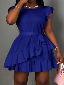Slaydiva Plus Size Casual Solid Color Ruffle Hem Dress - Royal Blue - View 2