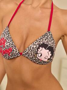 Betty Boop x SHEIN Bộ đồ lót mùa hè dành cho nữ, họa tiết da báo, hình hoạt hình và chữ cái, kiểu áo ngực không lưng buộc dây và quần lót. - Đỏ - Xem 6