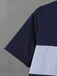 SHEIN 2件套青少年男童夏季撞色字母拼接圆领短袖T恤和户外休闲时尚3D字母运动短裤 - 藏蓝色 - 查看 6