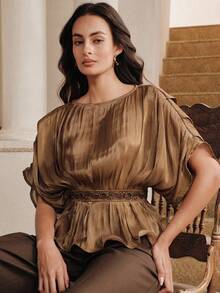 Anewsta Women's Elegant Shiny Fabric Round Neck Pleated Waist Beaded Decor Wavy Hem Top, Summer - Brown - View 4