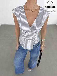 Siren Gaze Women's Striped Overlapping V-Neck Pleated Shirt - Dusty Blue - View 4