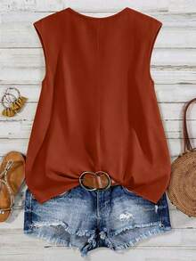 SHEIN LUNE CURVE Plus Size Women Round Neck Button-Up Shirt, Spring/Summer Bussines Office Chocolate Brown Casual - Redwood - View 2