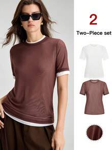 Ontre 2026 Summer White 2 Pieces T-Shirt Set Layered Design Women's Top Casual Sexy Chic Urban Commute Night Out City Break Holiday Chocolate Brown - Brown - View 3