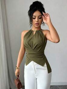 SHEIN Elenzya 1件女士春夏纯棉木珠吊带V领交叉腰部不对称下摆修身亚麻衬衫，温柔风格，适合约会和工作场合。 - 軍綠色 - 查看 5