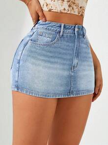 SHEIN Tall Falda pantalón de mezclilla de cintura alta con bolsillos, versátil y casual para mujer - Azul - Ver 3