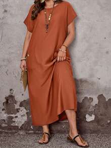 EMERY ROSE Đầm nữ cỡ lớn dáng thường ngày mùa xuân, cổ tròn, tay ngắn, có túi. - Rỉ Nâu - Xem 2