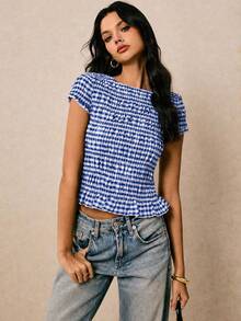 Poéselle Women's Striped Ruffle Hem Casual Blouse,Summer Top - Blue and White - View 3
