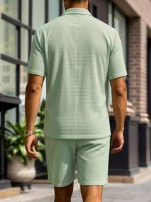 Manfinity Mode Men's Solid Color Front Button Short Sleeve Suit Jacket And Shorts Set, Ceremony, Formal - Mint Green - View 2