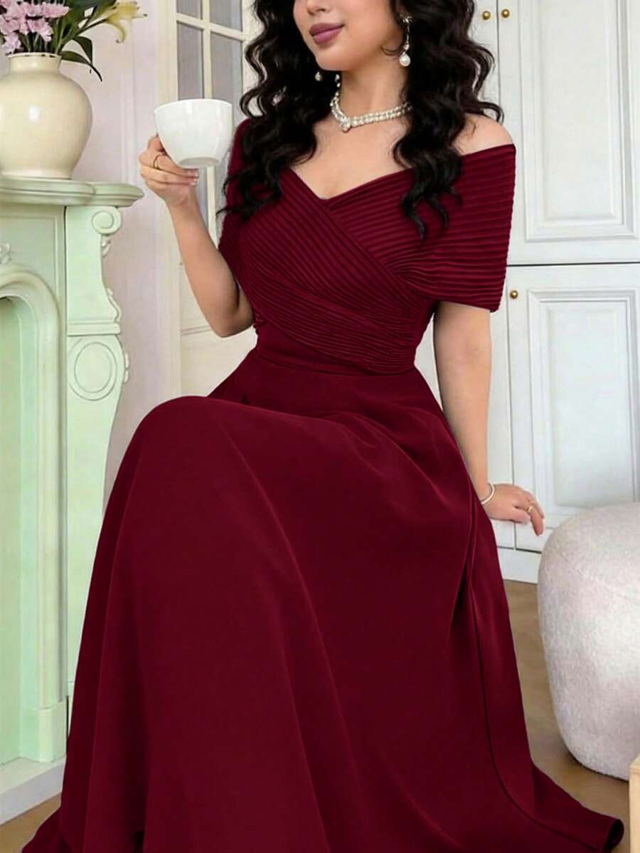 Feyla 女士露肩短袖优雅中长连衣裙 - 酒紅色 - 查看 1