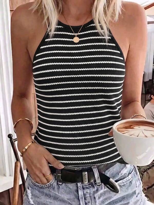SHEIN LUNE Women's Knitted Textured Striped Pattern Halter Neck Tank Top