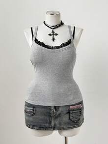 Sunspun Atasan Camisole Bergaris Abu-abu Seksi Gaya Retro Amerika dengan Hiasan Renda, Tank Top Pendek Tanpa Lengan Pas Badan yang Ramping untuk Lapisan atau Pakaian Luar - Grey - View 3