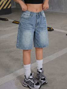 SHEIN Teen Girl Y2K 2000s Retro Washed Boyfriend Baggy Casual Denim Wide Leg Knee Length Jeans Short, Fall Back To School Streetwear - Light Wash - View 3