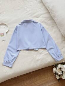 SHEIN Vintaside Kids Áo sơ mi cổ bẻ kẻ sọc hồng trắng kiểu dáng preppy dành cho bé gái tuổi teen, thích hợp cho các hoạt động thường ngày, đi học, gặp gỡ bạn bè, dự tiệc, và cả ngày Valentine. - Nhiều màu - Xem 2