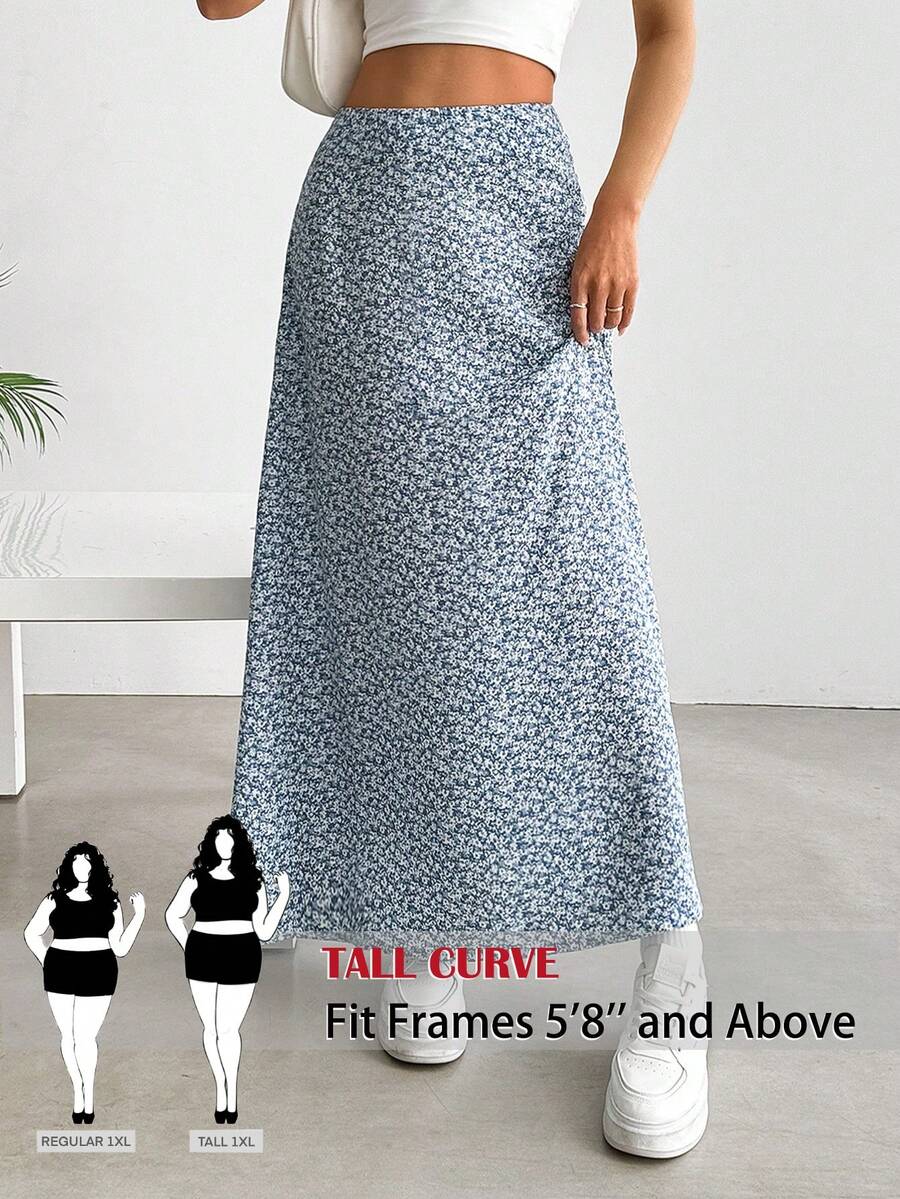 SHEIN Tall CURVE 大码夏季碎花高腰迷你裙 - 藍色 - 查看 1