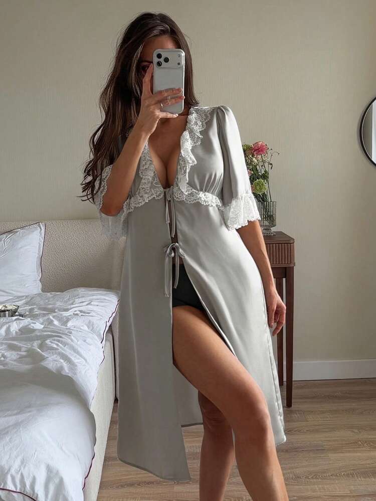 Women's Elegant Solid Color Lace Patchwork Tie Waist Robe