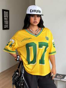 Coolane 女士加大码春夏街头风 Y2K 豹纹数字图案橄榄球球衣 V 领棕色球衣 T 恤 - 黃色 - 查看 8