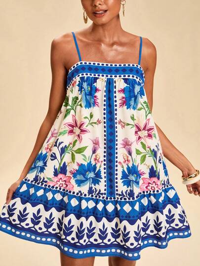 Travachic Vestido suelto con tirantes para mujer con estampado floral y geométrico para vacaciones de verano en la playa