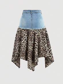 Teen Girl Retro Blue Denim Patchwork Leopard Print Asymmetrical Midi Skirt Casual Festival Beach Graduation Ceremony Vacation Comfortable Casual Festival Beach Vacation Comfortable Y2K Summer Light Washed Long Denim Skirt - Blue - View 2