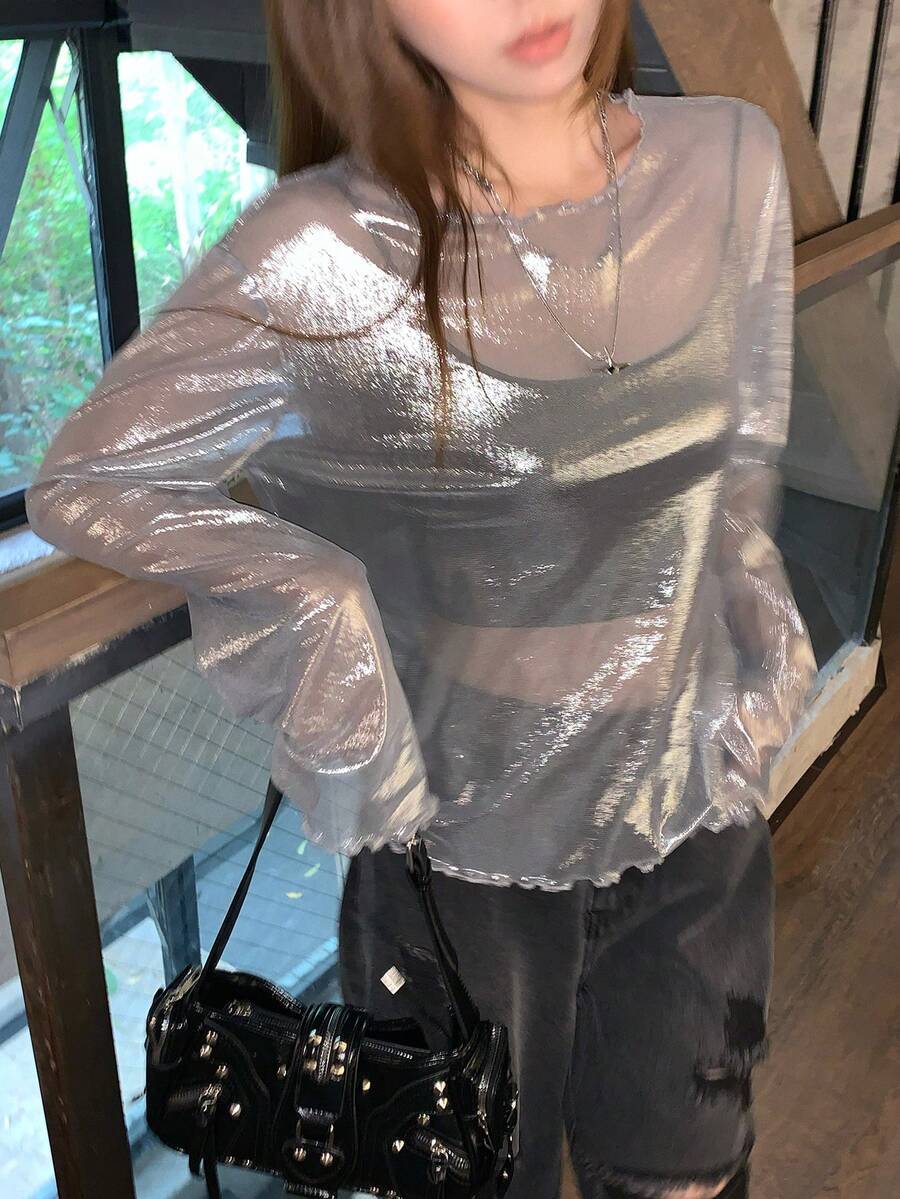 DAZY 女士箔印圆领长袖宽松衬衫 - 銀色 - 查看 1